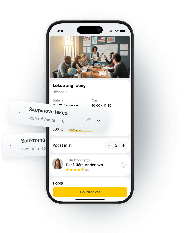 Mobile app interface showing English class details and available spots for group and private classes.